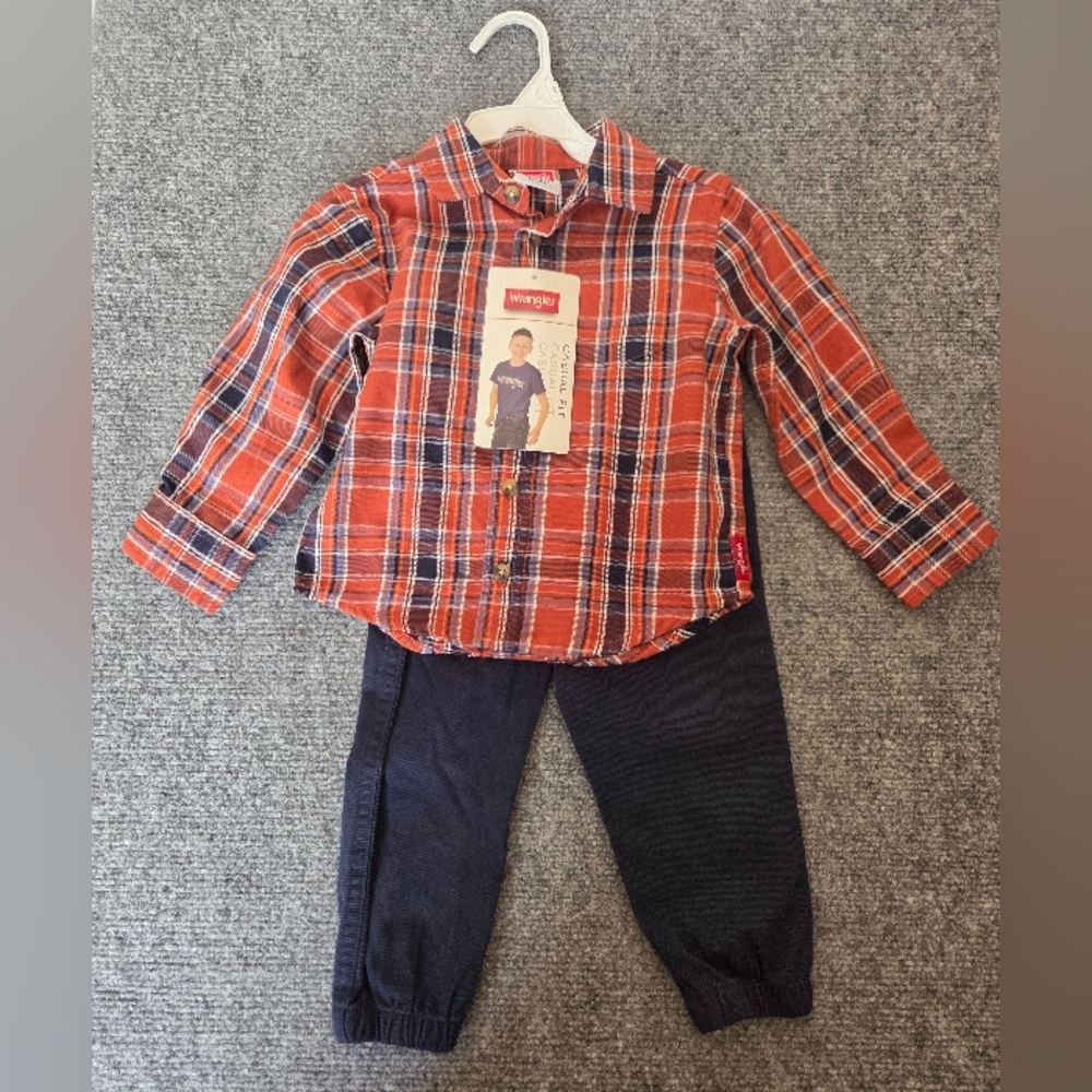 Wrangler Toddler Boy 2T Plaid Button-Up Shirt & Navy Jogger Pants 2-Piece Set NW